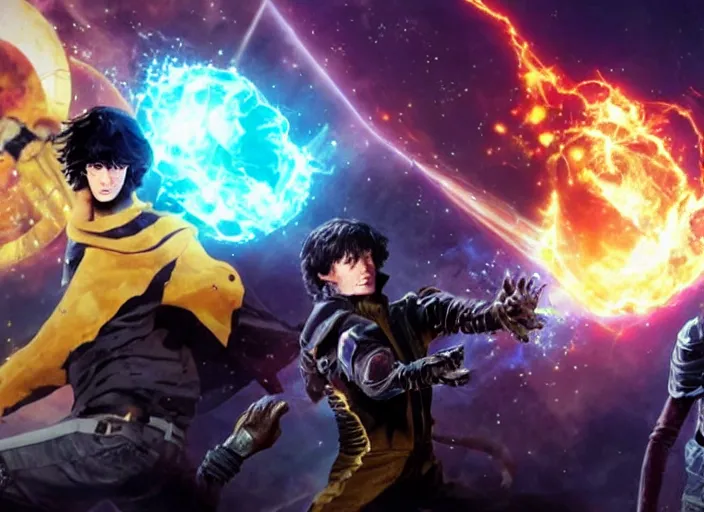 Image similar to nico di angelo vs thanos, epic fight, powerful, screenshot from infinity war, mcu, action shot, dynamic, magic, intense battle, death powers, infinity stones vs skeletons