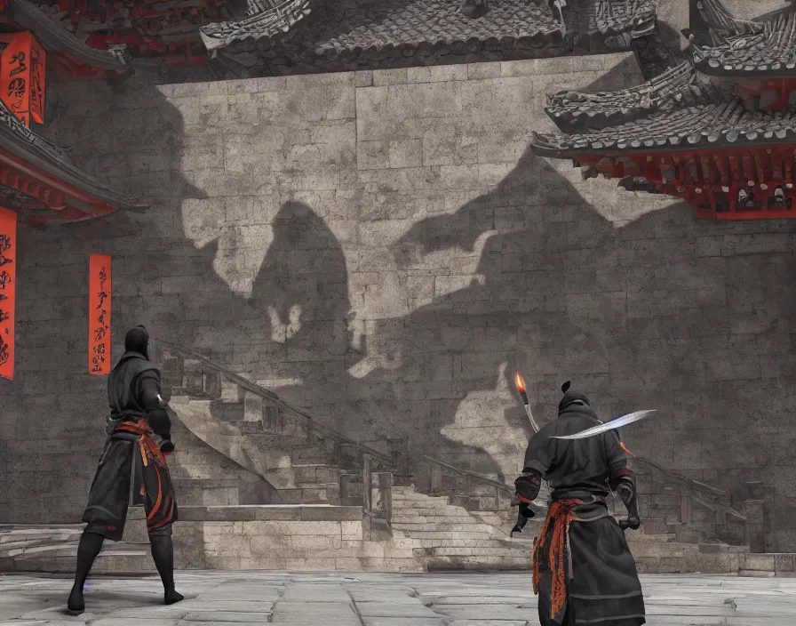 Image similar to shadow ninja in old asian temple, beautiful texture, beautiful graphics, fantasy artwork, very beautiful scenery, hd, hdr, ue 5, ue 6, unreal engine 5, cinematic 4 k wallpaper, 8 k, ultra detailed, by popular digital, details, beautiful image ever created, high resolution, artstation, award winning