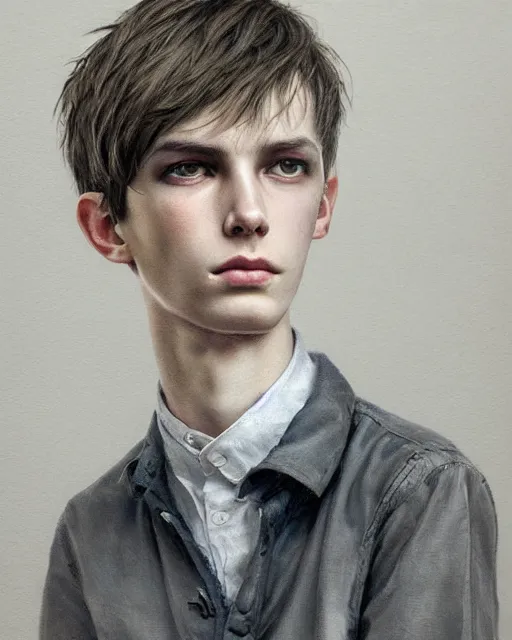 Image similar to portrait of 1 5 - year - old boy, a tall, slender boy with a pale, pointed face, white - blond hair, cold grey eyes, a pale complexion with sharp and pointed features, hyper realistic face, beautiful eyes, fantasy art, in the style of greg rutkowski, intricate, hyper detailed, smooth