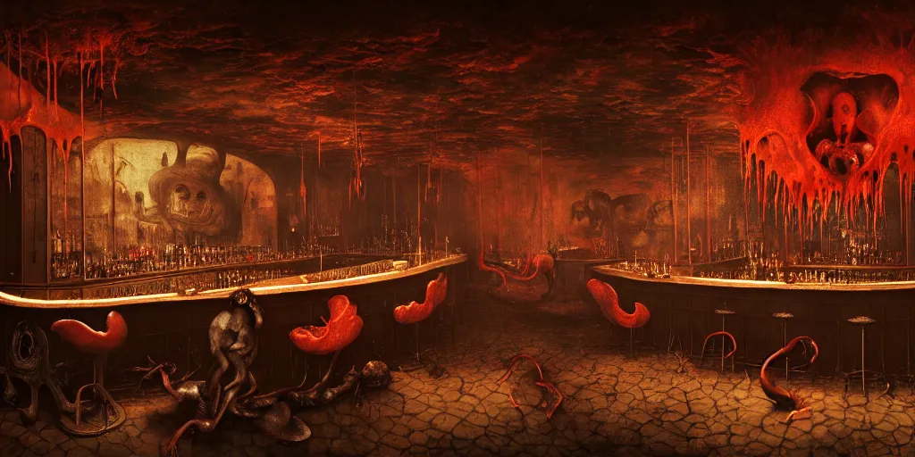 Prompt: surreal bar interior in hell by hieronymus bosch, animal body parts, red fluid dripping, wide shot, baroque painting, dreamlike atmosphere, surreal abandoned buildings, beautiful detailed intricate insanely detailed octane render trending on artstation, soft natural volumetric cinematic perfect light, masterpiece, 8 k artistic photography, chiaroscuro, raphael, caravaggio, beksinski