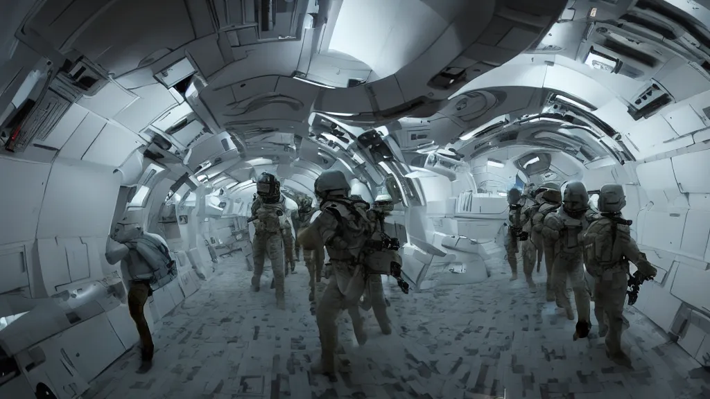 Prompt: sci-fi cinematography of space soldiers moving tactical formation through a dark spaceship corridor. By Emmanuel Lubezki