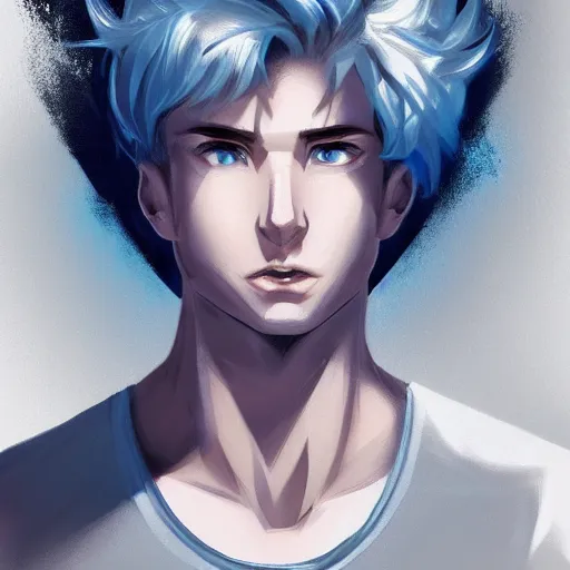 Prompt: portrait of a feminine young man with short white hair, bedhead, and blue eyes, wearing a gray t shirt, muscular arms, dramatic lighting, illustration by Rossdraws, professional portfolio, 4k, digital art, concept art, trending on artstation