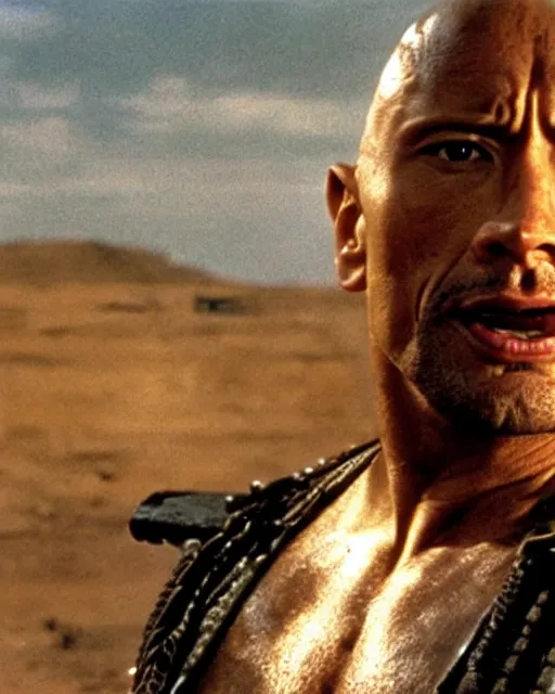 Image similar to film still close up shot of dwayne johnson as max rockatansky in the movie mad max 2 the road warrior. photographic, photography