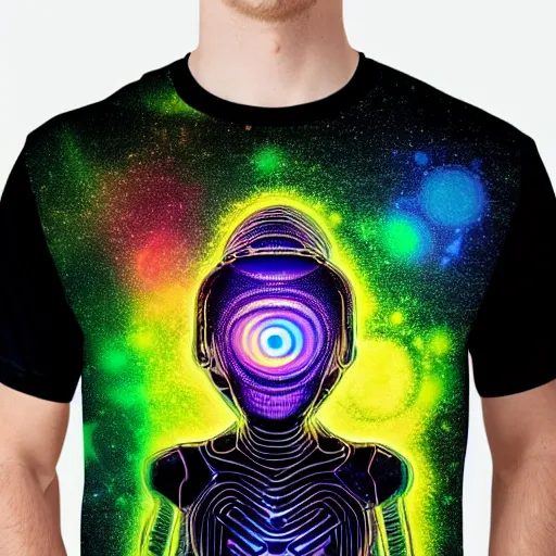 Image similar to photo of a black tshirt with a hyperdetailed portrait of a futuristic psychedelic meditating robot, 8 k, symetrical, flourescent colors, halluzinogenic, multicolored tshirt art,