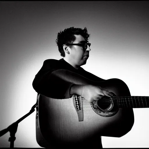 Prompt: John Flansburgh on guitar, Los Angeles, 2019. CineStill, monochrome.