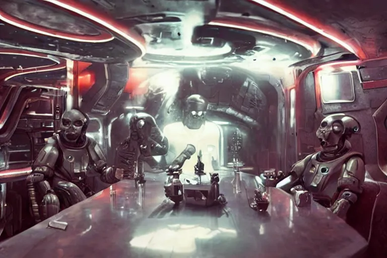 Image similar to sci-fi cinematography of cybernetic space soldiers sitting in an alien bar. By Emmanuel Lubezki