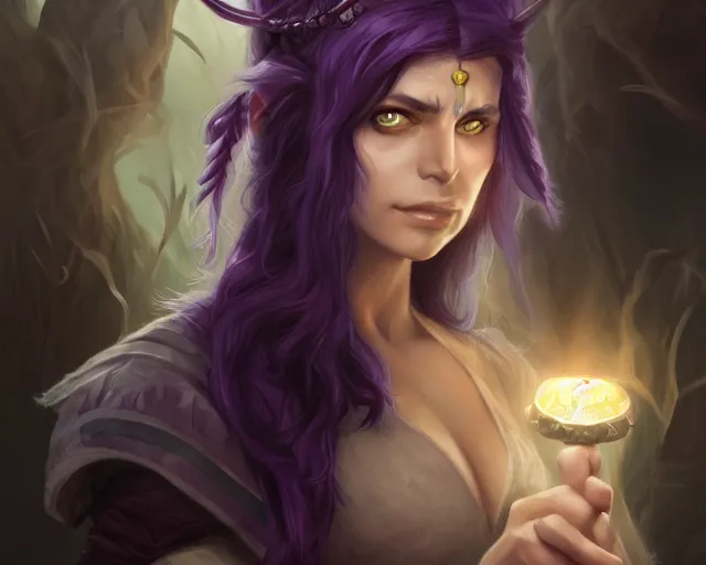 Image similar to Attractive Tiefling Druid, She has light brown skin, dark purple hair, and silver eyes full body, dungeons and dragons portrait, highly detailed, digital painting, artstation, concept art, sharp focus, illustration, art by artgerm and greg rutkowski and alphonse mucha