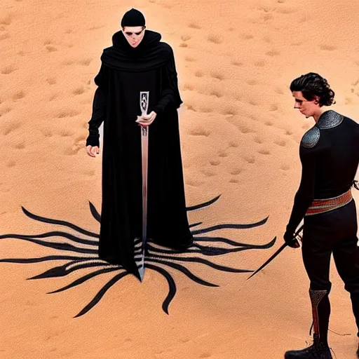 Prompt: Cinematic knife-duel between bald_hairless_Austin_Butler-dressed-in-black and Timothee_Chalamet_dressed-in-brown-felt, on a mosaic floor dais, inspired by Dune 2020, intricately detailed faces eyes