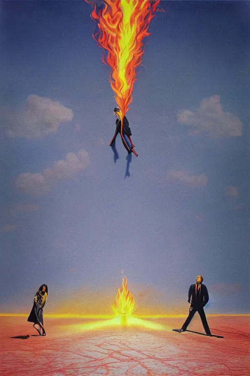 Image similar to a man on fire and a girl on ice, pink floyd album cover, 1 9 7 0's, by storm elvin thorgerson colorful flat surreal design, hd, 8 k, artstation