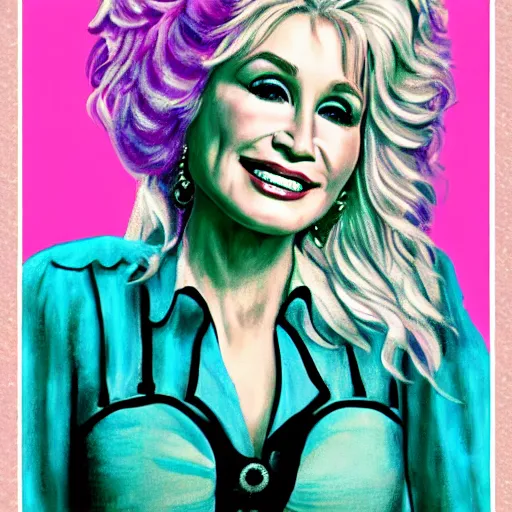 Prompt: young Dolly Parton portrait, posterized, floral, pastel pink