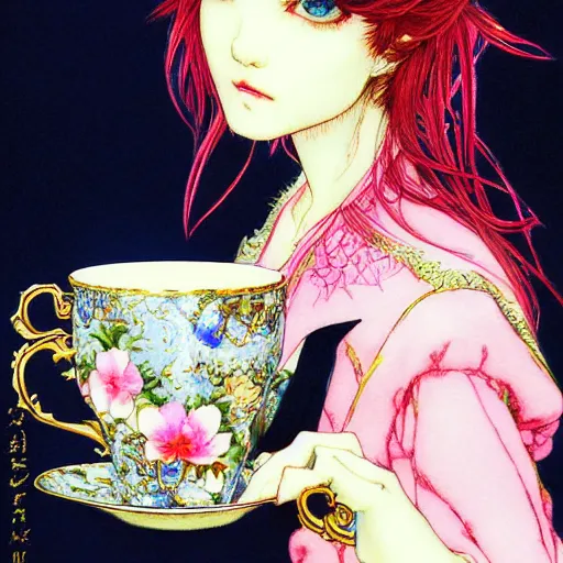 Prompt: rina holding a teacup by ayami kojima