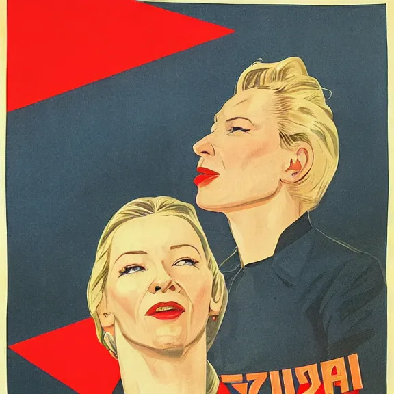 Image similar to soviet propaganda poster with cate blanchett calling on the world community to fight against Nazism, Ultra Detailed, high resolution, soviet realism