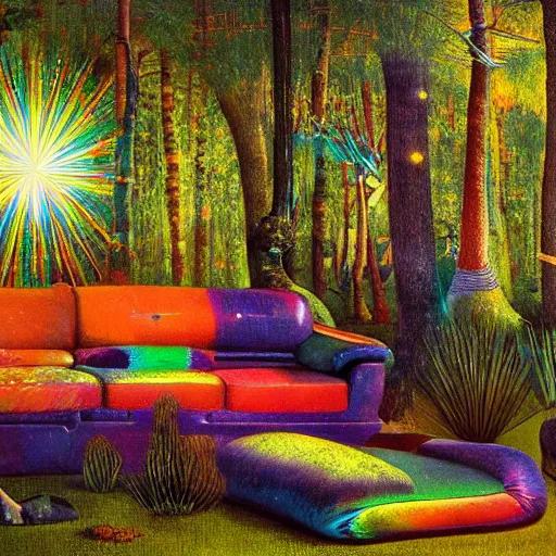 Image similar to psychedelic couch sofa in the lush pine forest, milky way, designed by arnold bocklin, jules bastien - lepage, tarsila do amaral, wayne barlowe and gustave baumann, cheval michael, trending on artstation, star, sharp focus, colorful refracted sparkles and lines, soft light, 8 k 4 k