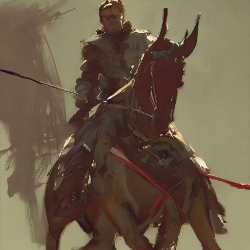 Image similar to portrait of rider wearing gambeson holding bow, detailed by greg manchess, craig mullins, bernie fuchs, walter everett, low angle