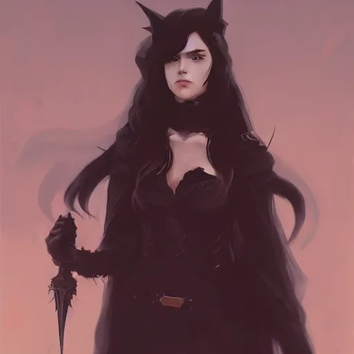 Image similar to female human vampire witch in the style of greg rutkowski, makoto shinkai, trending on artstation, character design, concept art, pretty face, highly detailed, long black hair, portrait, digital art