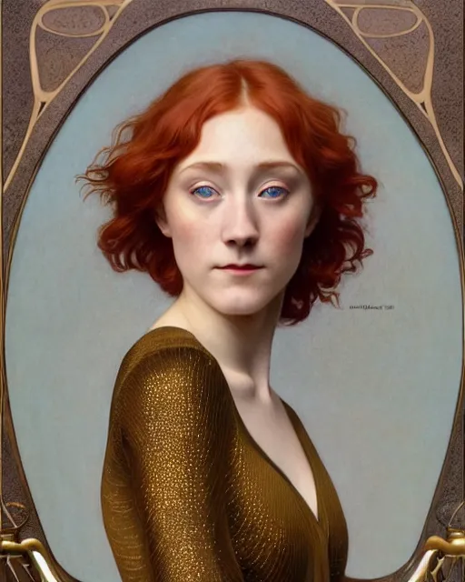 Image similar to realistic art nouveau oil painting of redheaded young saoirse ronan or redheaded millie bobby brown wearing a reflective gold dress, highly detailed, intricate, elegant, digital painting, smooth, sharp focus, illustration, ultra realistic, 8 k, by bouguereau, alphonse mucha, artgerm, and donato giancola