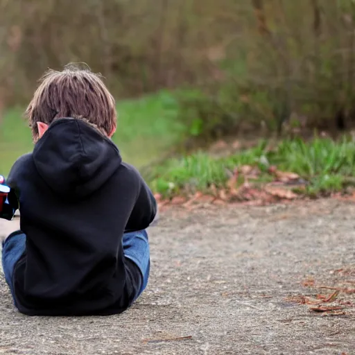 Image similar to a young boy with long greasy hair, wearing a black hoodie, looking down at his phone and slouching