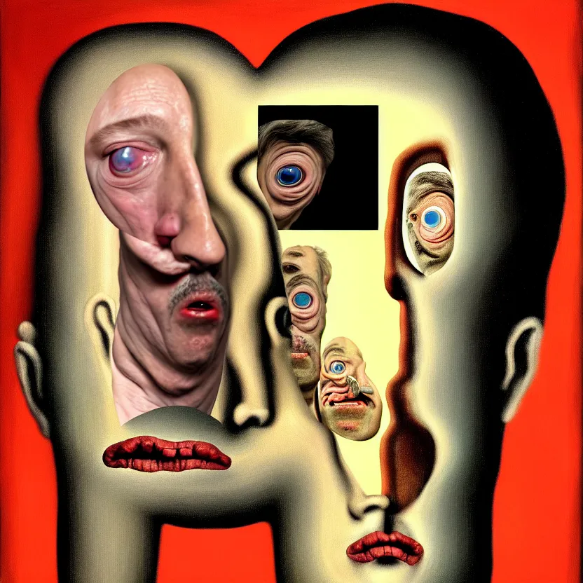 Image similar to a face coming out of a face coming out of a face, recursion, surreal, by salvador dali and david firth, oil on canvas, weird, dreams, soft lighting, warm colors