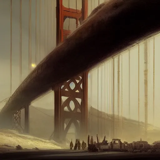 Prompt: post-apocalyptic desert city Los Angeles golden gate bridge, concept art, high fantasy, elegant, art station, pixiv, trending, editor’s pickup, by greg rutkowski, by Gustave Dore