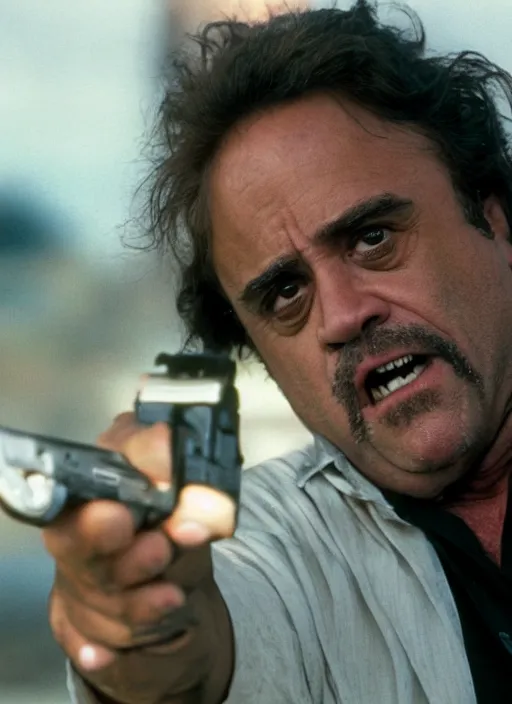 Prompt: film still of Danny DeVito as Martin Riggs in Lethal Weapon, 4k