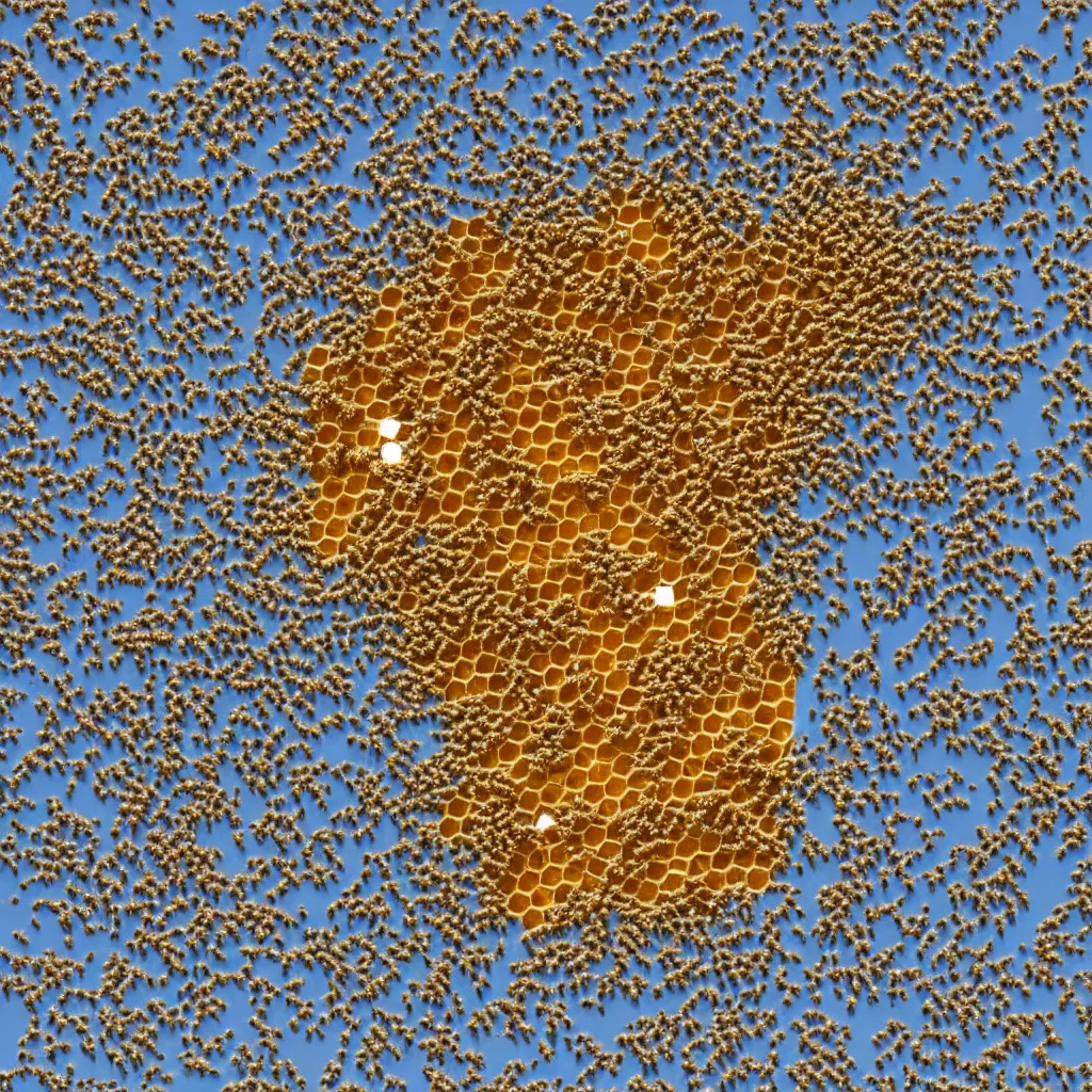 Image similar to james webb telecsope in space, made out of honey, with bees flying around it