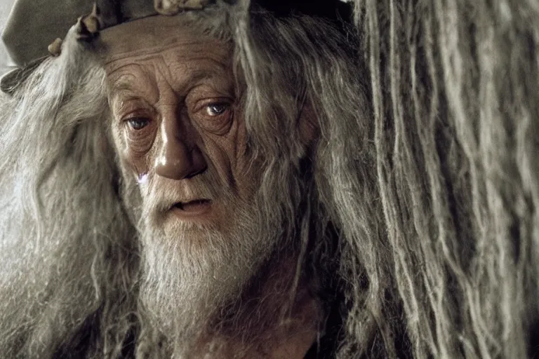 Image similar to gandalf with the face of lance henriksen stood outside orthanc, style of h. r. giger, directed by david fincher, muted tones, detailed