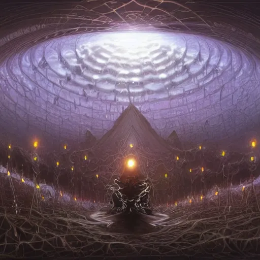 Image similar to a quantum computer surrounded by a dark cabal of hooded elven mystics gathered in a circular formation, michael whelan art, dan seagrave art, cgsociety, artstation, epic scifi fantasy art