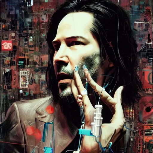 Prompt: keanu reeves as a cyberpunk noir detective, skulls, wires cybernetic implants, machine noir grimcore, in the style of adrian ghenie esao andrews jenny saville surrealism dark art by james jean takato yamamoto and by ashley wood and mike mignola