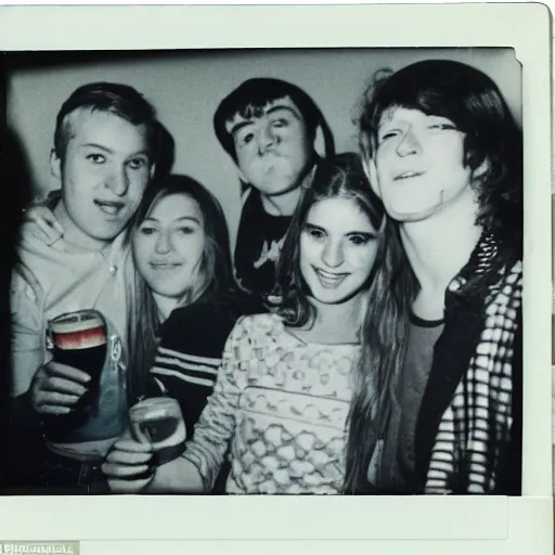 Image similar to a polaroid photo of teenagers drinking beer and having a party in the 1970s