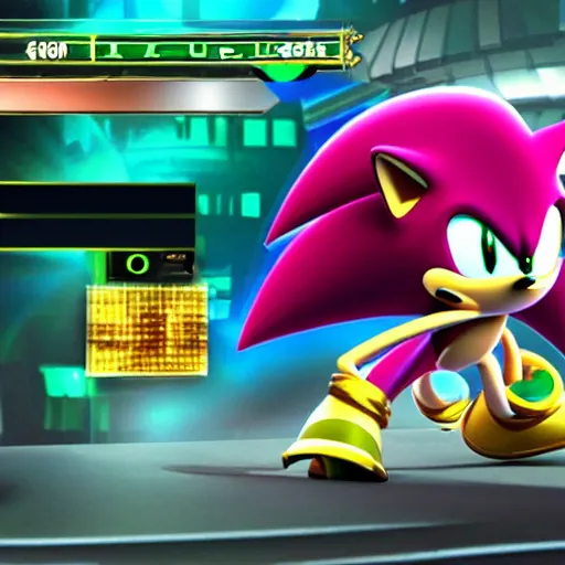 Image similar to Sonicmancer the hedgehog, in full futuristic battle armor, in casino zone