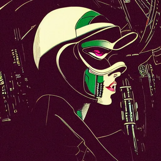 Image similar to bladerunner women wearing a jumpsuit and a biomechanical mask in the style of akira, smooth, sharp focus, hat lines, film still, zeiss lens