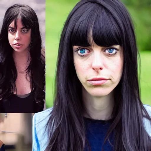 Image similar to a girl with long black hair and a side part, her face is a mix between aubrey plaza, krysten ritter and lucy hale