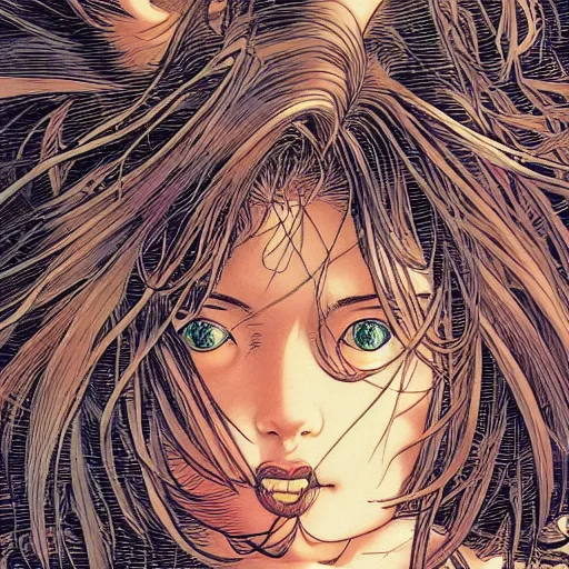 Image similar to closeup of girl from 8 0 s, by yoichi hatakenaka, masamune shirow, josan gonzales and dan mumford, ayami kojima, takato yamamoto, barclay shaw, karol bak