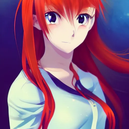 Prompt: A Beautiful Anime Girl with red hair and blue eyes at a lake, character design, facial symmetry, vivid