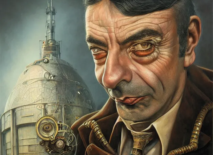 Image similar to steampunk portrait of rowan sebastian atkinson, by tomasz alen kopera and peter mohrbacher