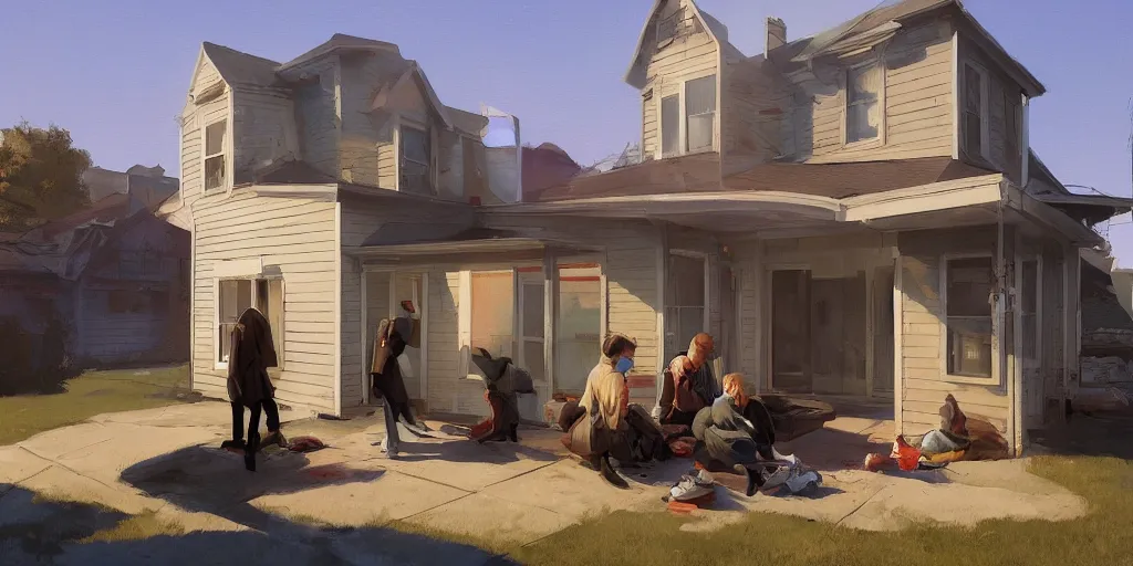 Prompt: empty house with owned by bank sign and homeless family sqatting outside on curb by Craig Mullins, ilya kuvshinov, krenz cushart, artgerm trending on artstation by Edward Hopper and Dan Mumford and WLOP and Rutkovsky, Unreal Engine 5, Lumen, Nanite