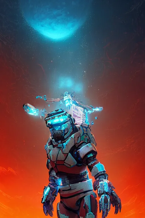 Image similar to strange creature in dead space space suit radiating a glowing aura with dark background, horizon forbidden west horizon zero dawn global illumination ray tracing hdr fanart arstation by ian pesty and alena aenami artworks in 4 k tribal robot ninja mask helmet backpack