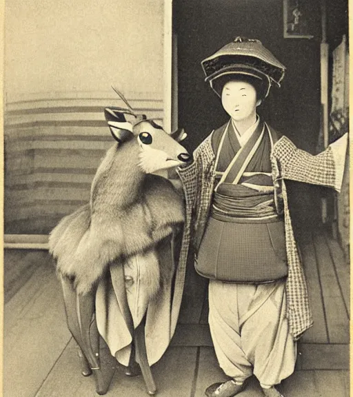 Image similar to 1 8 th century japanese street market in kyoto 1 9 0 0 s early photography portrait anthro anthropomorphic deer head animal person fursona wearing clothes street trader