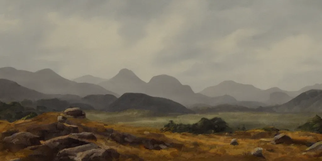 Image similar to painting of rocky highlands with a ruined stone fort in the far distance, overcast skies, muted colors