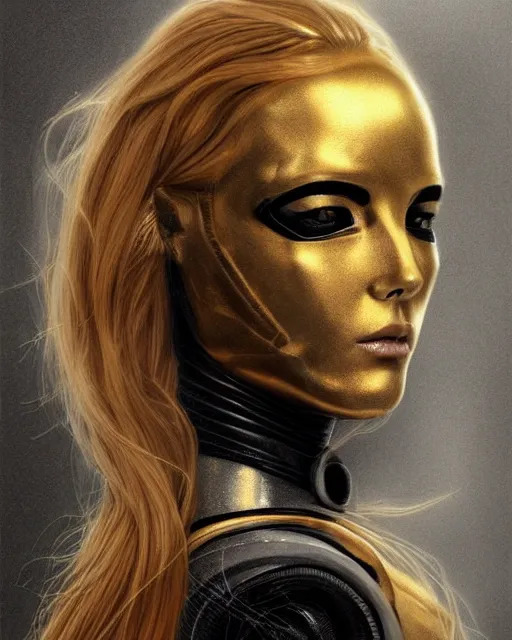 Image similar to golden pencil drawing of beautiful robot - cat woman face, goddess, beautiful blonde hair flying in the wind, hyper realistic face, in the style of greg rutkowski, fantasy, amazing detail, epic, elegant, smooth, sharp focus, from the front