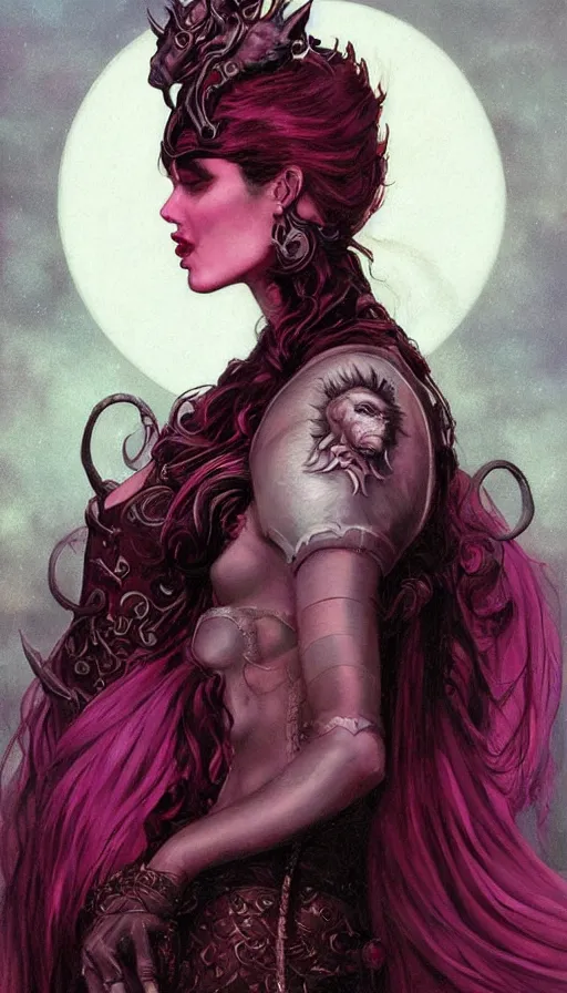 Image similar to portrait of princess of the dreamlands and moon beast, beautiful! coherent! by brom, deep colors, red maroon purple pink black, strong lines, rule of thirds