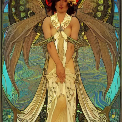 Prompt: seraphim with 6 wings covered in eyes, trending on artstation, by alphonse mucha