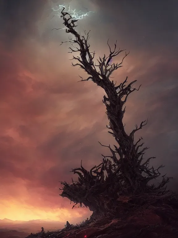 Image similar to photo of 8k ultra realistic lone dead tree on hill surrounded by swirling clouds and lighting, dark, menacing, full of colour, cinematic lighting, battered, trending on artstation, 4k, hyperrealistic, focused, extreme details,unreal engine 5, cinematic, masterpiece, art by Peter Mohrbacher