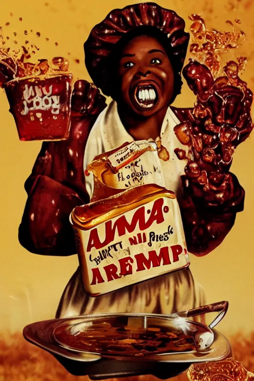 Image similar to aunt jemima covered in maple syrup horror movie cinematic