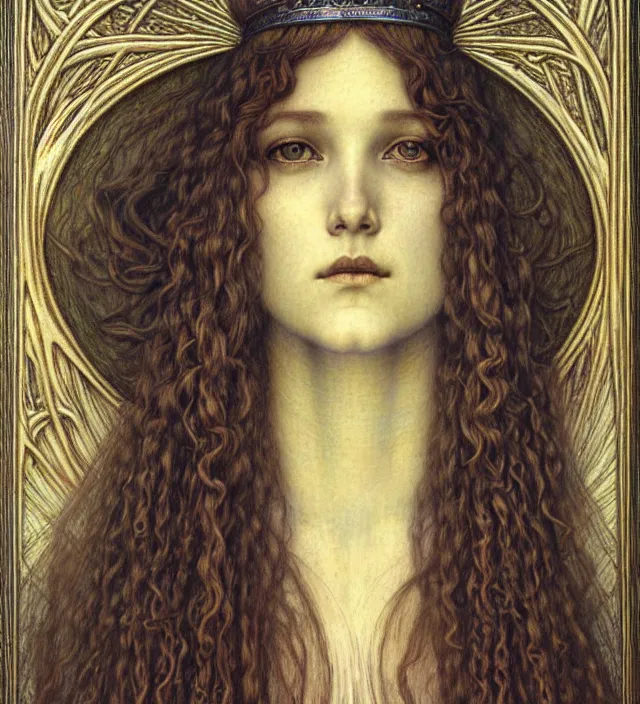 Image similar to detailed realistic beautiful young medieval queen face portrait by jean delville, gustave dore and marco mazzoni, art nouveau, symbolist, visionary, gothic, pre - raphaelite. horizontal symmetry