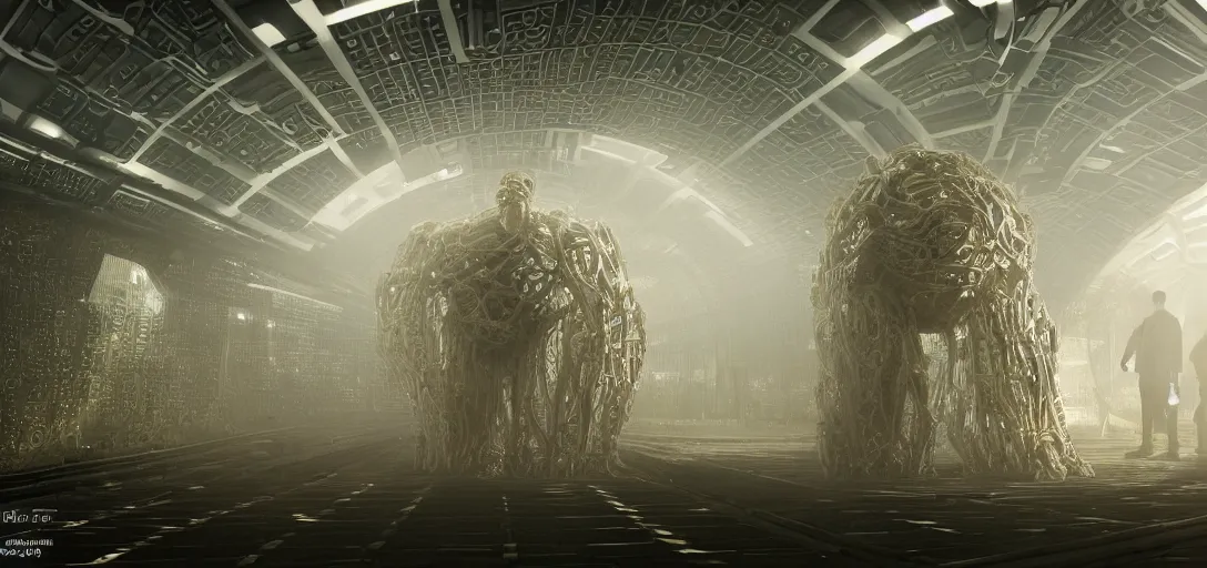 Image similar to a complex organic fractal 3 d metallic symbiotic ceramic humanoid megastructure creature in a train station, foggy, sun rays, cinematic shot, photo still from movie by denis villeneuve, wayne barlowe