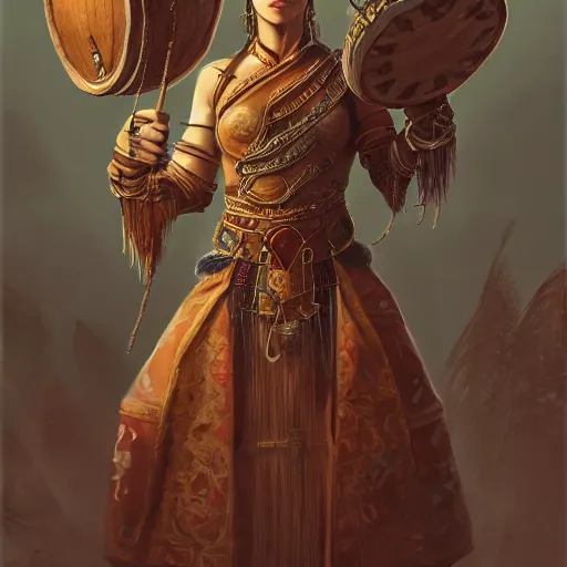 Prompt: Protean (D&D) holding a drum, ornately dressed, standing in populated Baldur\'s Gate city square, hyperdetailed, artstation, cgsociety, 8k