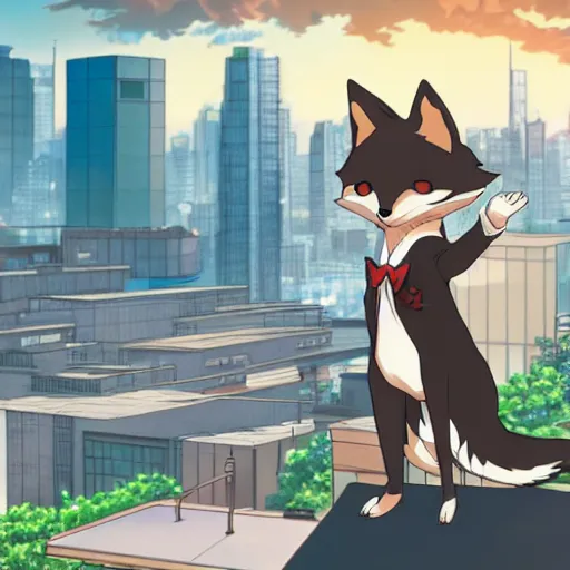 Image similar to key anime visual of an anthropomorphic fox, wearing a tuxedo on a city rooftop at sunrise, modern anime style, official anime still