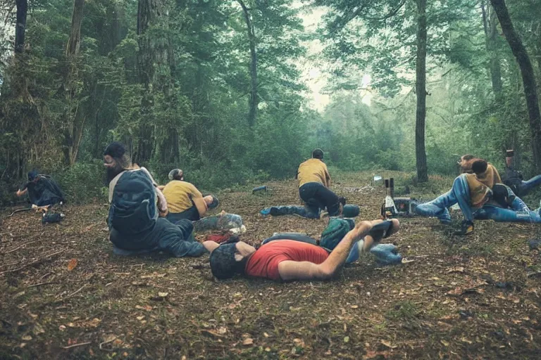 Image similar to mid - thirties guys binge drinking and hiking in a forest, one person pissing on a tree, one person is laying on the ground drunk, in the style of simon stalenhag