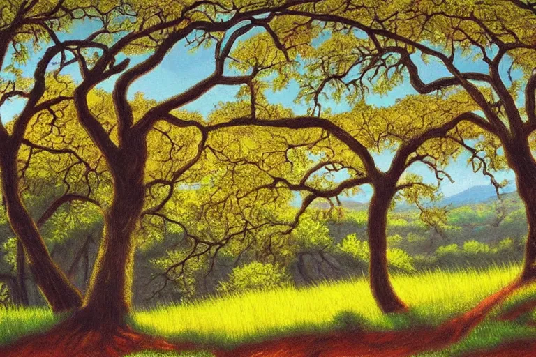 Image similar to masterpiece painting of oak trees on a hillside overlooking a creek, dramatic lighting, by kelly freas